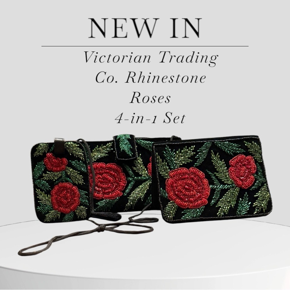 Victorian Trading Co. Black Sequin & Rhinestone Roses 4-in-1 Set: Bag -New